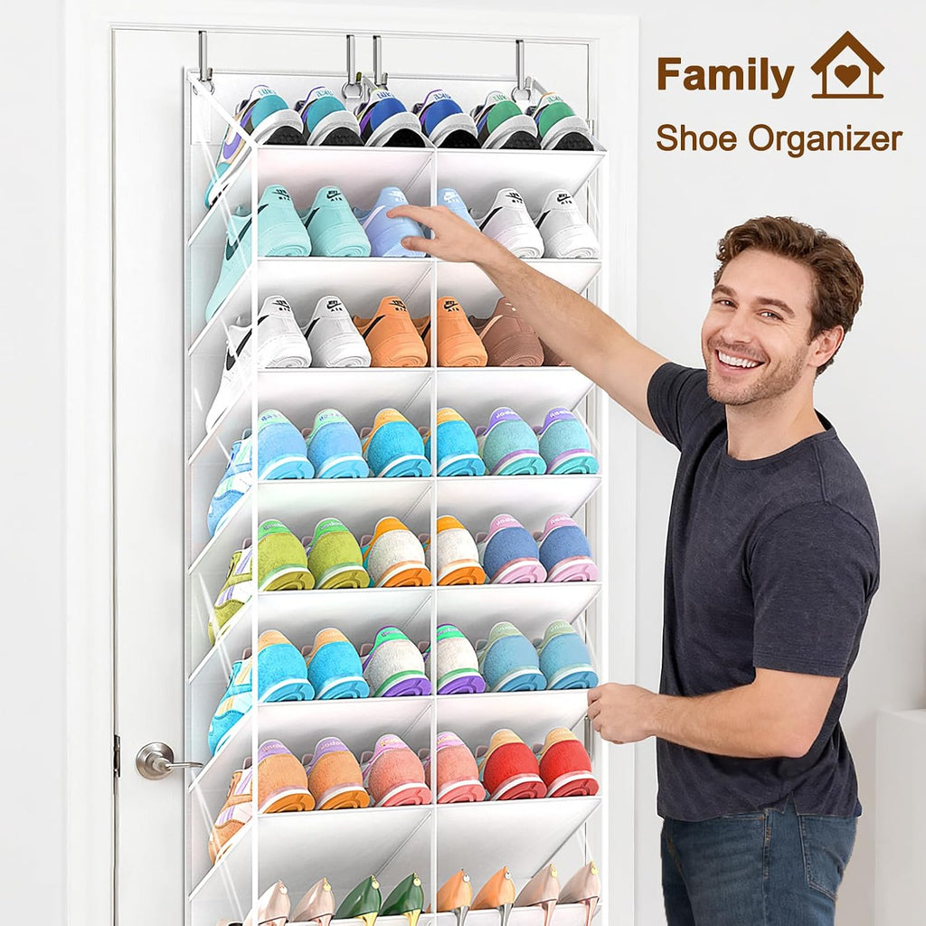 UVIAHOMI 20-30 Pairs Over the Door Shoe Organizer, Clear Pockets Hanging Shoe Storage for Closet, 10-Tier Door Shoes Rack, Handing Shoes Holder Fit All the Family's Sneakers, Boots, Heels, White