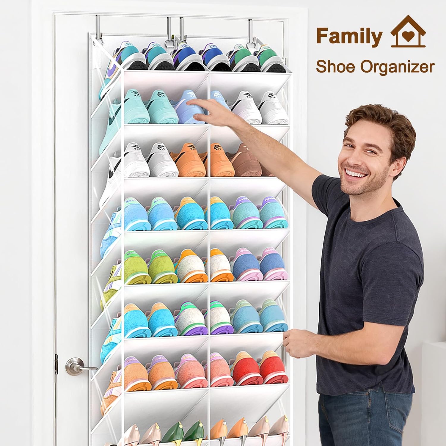 UVIAHOMI 20-30 Pairs Over the Door Shoe Organizer, Clear Pockets Hanging Shoe Storage for Closet, 10-Tier Door Shoes Rack, Handing Shoes Holder Fit All the Family's Sneakers, Boots, Heels, White