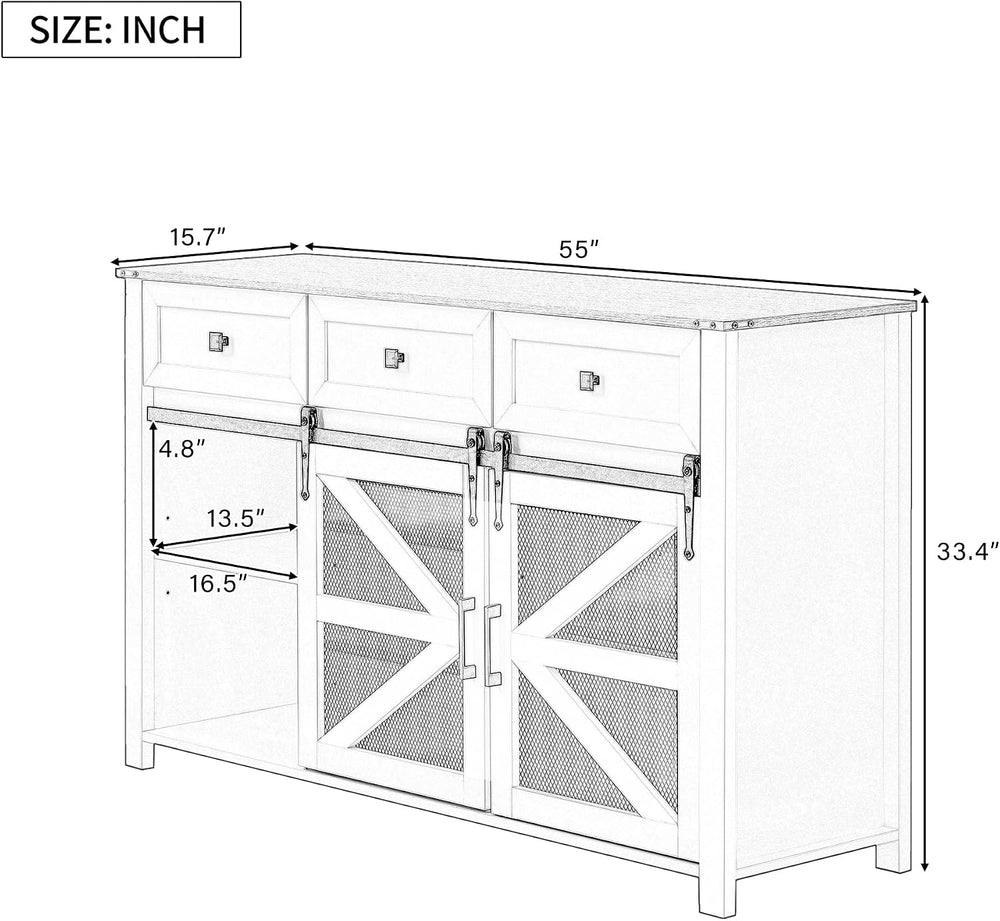 Virubi 55 in Sideboard Buffet Cabinet with Storage,Sliding Barn Doors,3 Drawe...