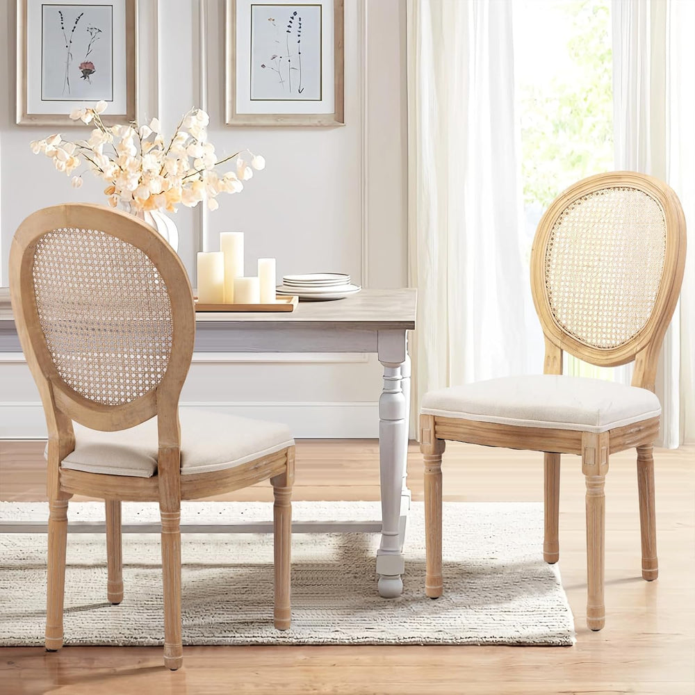 French Country Dining Chairs Set of 2,Upholstered Chairs with Rattan Round Ba...