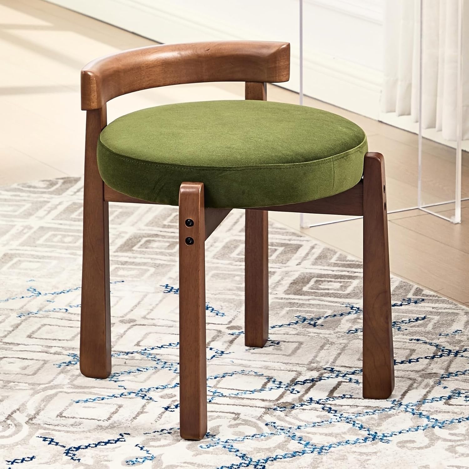 HEAH-YO Wood Vanity Chair with Back, Velvet Upholstered Small Ottoman Footstool, Mid-Century Modern Makeup Chair with Solid Wood Legs for Makeup Room Bedroom Living Room, Green