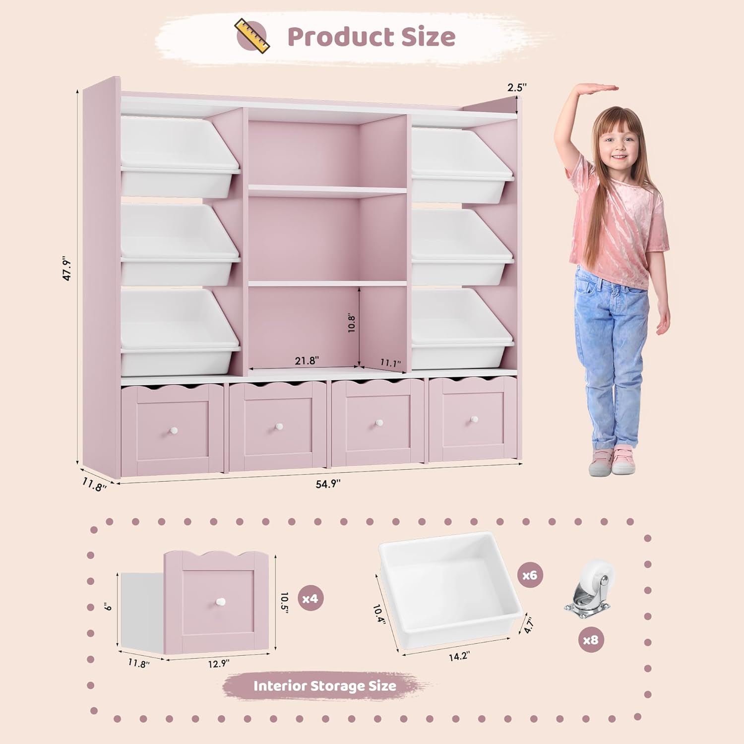 HITHOS 55" W Kids Toy Storage Organizer, Large Toy Box with Bookshelf, Toy Chest with 3 Cubes Storage Organizer, 6 Toy Organizers and Storage Bins, 4 Rolling Drawers for Kids Room, Playroom, Pink