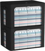 FHSQX 2 Pack Clothes Storage Bins Foldable Metal Frame Storage Box Linen Fabric Organizer Set with Carrying Handles and Clear Window (Black, 15.7x 11.8x 7.8Inch)
