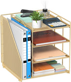 Gold Desk Organizer, 4-Tier Metal Paper Organizer for Desk with Vertical File Holder, Office Accessories and Desktop Storage for Office Supplies (Gold)