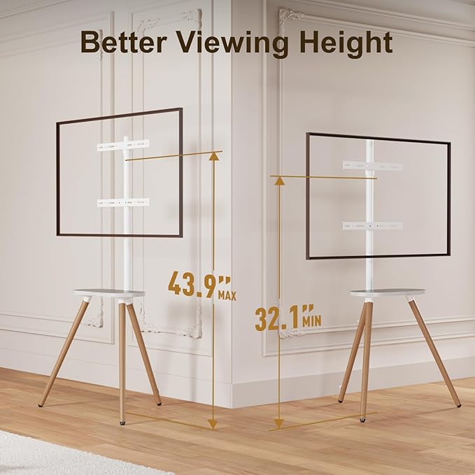 Tripod Easel TV Stand for 43-65" TVs, Height-Adjustable Swivel Corner Floor TV Stand with Wooden Tray, VESA 400x400 LCD/LED/OLED Compatible, Minimalist White