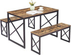 VECELO 43.3 Inch Dining Table Set for 4, Rectangle Dinner Breakfast Dinette with 2 Benches, Thickened Metal Frame & Board, for Kitchen, Living Room, and Small Space, Rustic Brown