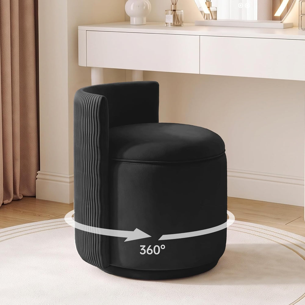 360° Swivel Velvet Vanity Chair with Storage, Barrel Makeup Chair with Wave B...