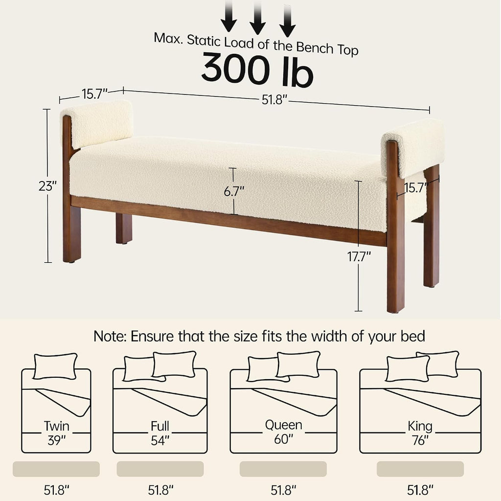 VKNOW 51.8”End of Bed Bench Upholstered Bedroom Bench with Arms, Beige | Solid Rubberwood Legs, Soft Fabric, Thickened seat cushion, Bedroom Living Room Entryway Dressing Areas, Easy to Assemble
