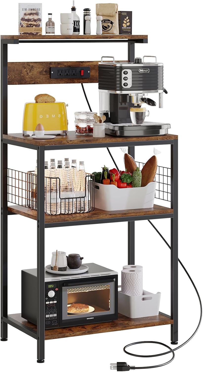Sweetcrispy 23.6'' Small Bakers Rack with Power Outlet for Kitchen Storage | Microwave Stand with Adjustable Shelf for Coffee Bar Station, Small Apartment, Counter Space Saving, Rustic Brown