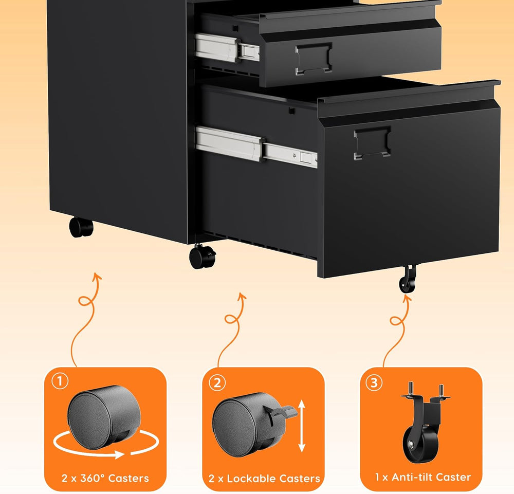 3 Drawer Metal File Cabinet with Wheels, Under Desk Rolling Filing Cabinet fo...
