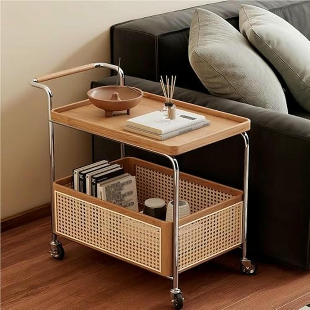 Rolling Rattan Side Table with Wheels - 2-Layer Storage Coffee Table & En...