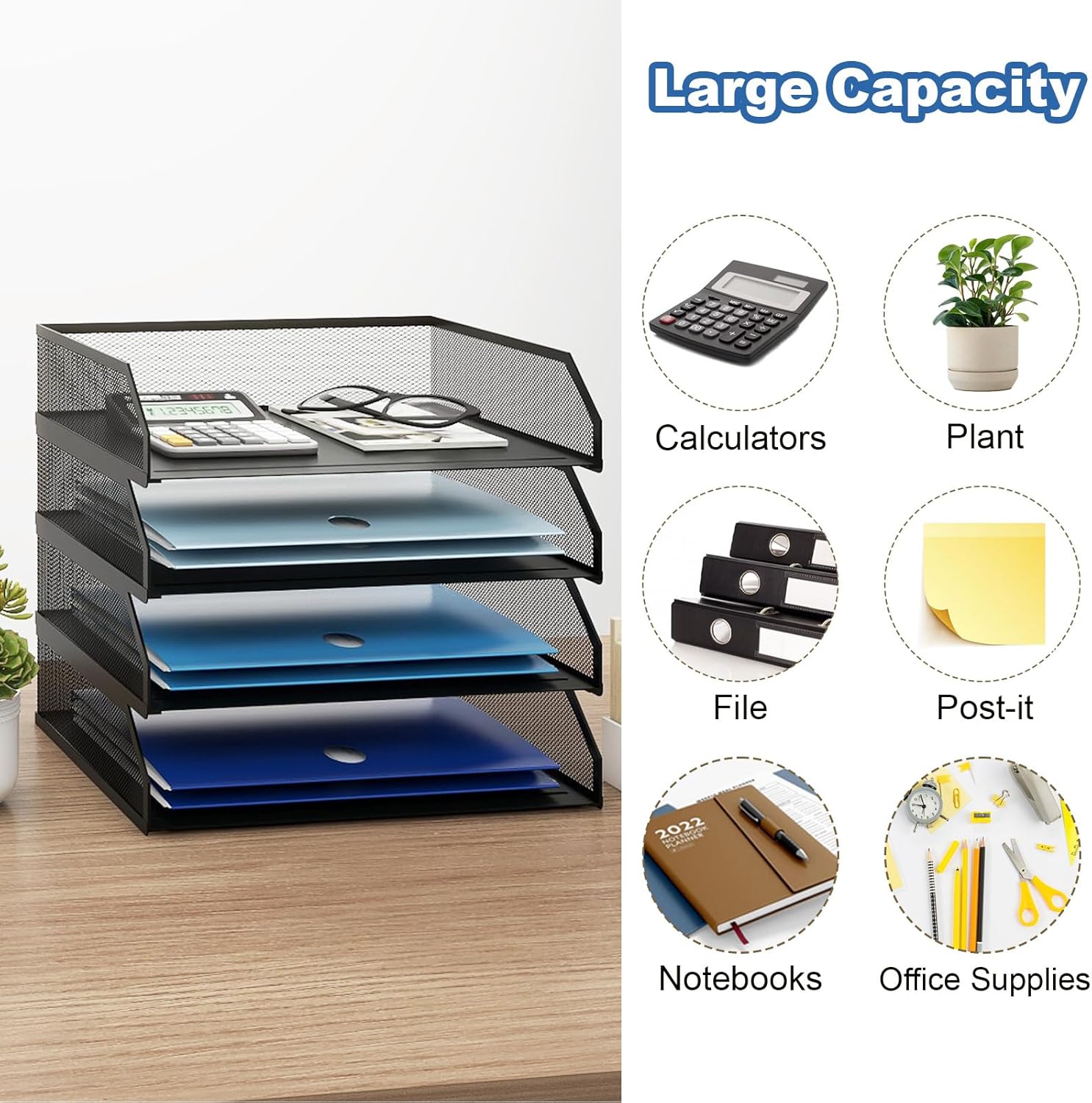 Natwind 4-Tier Stackable Paper Tray, Metal Mesh Desktop Organizer, A4 Paper Sorter, Letter Trays,File Folder Sorter Organizer with Sliding Tray for Home, Office, School (Black)
