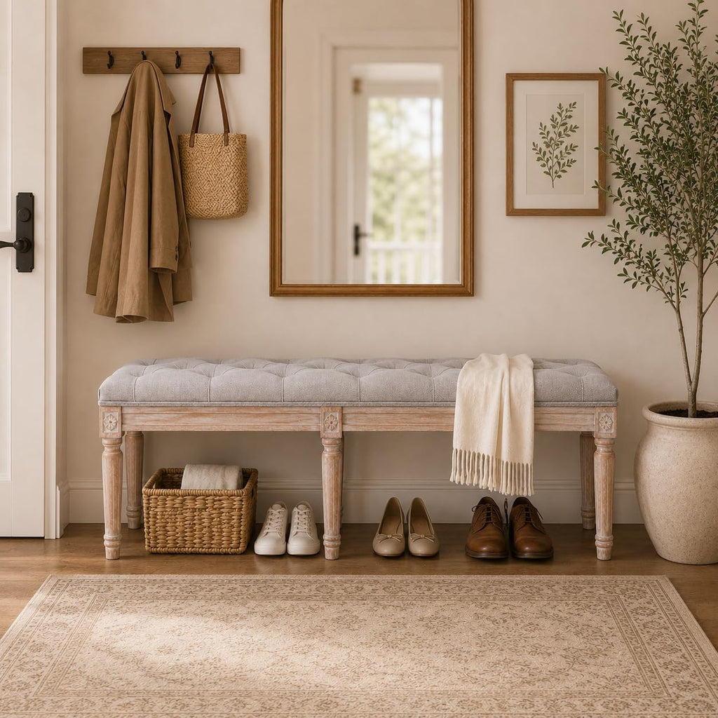 chairus Fabric Upholstered Dining Bench - Classic Entryway Ottoman Bench Bedroom Bench with Rustic Wood Legs - Gray