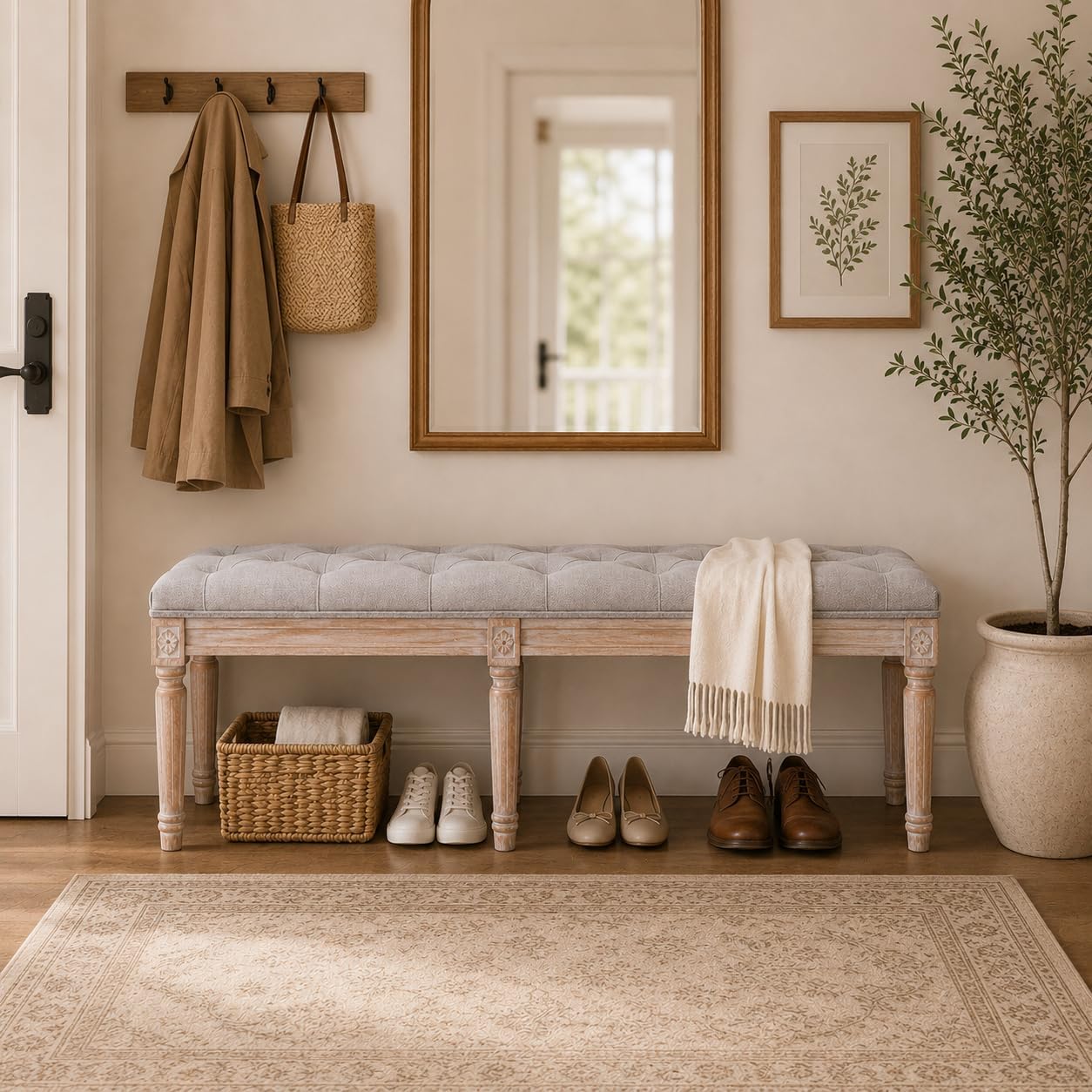 chairus Fabric Upholstered Dining Bench - Classic Entryway Ottoman Bench Bedroom Bench with Rustic Wood Legs - Gray