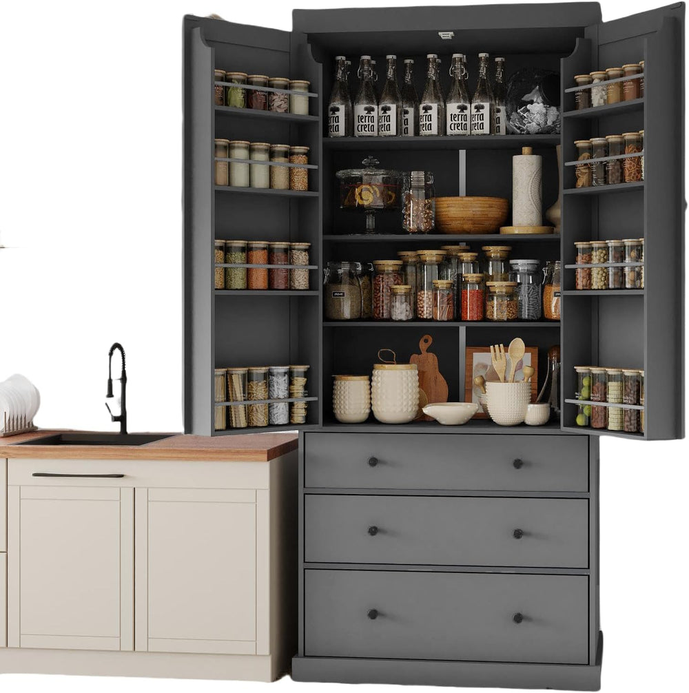 Kitchen Pantry Cabinet,77inch Farmhouse Kitchen Pantry, Freestanding Tall Cup...