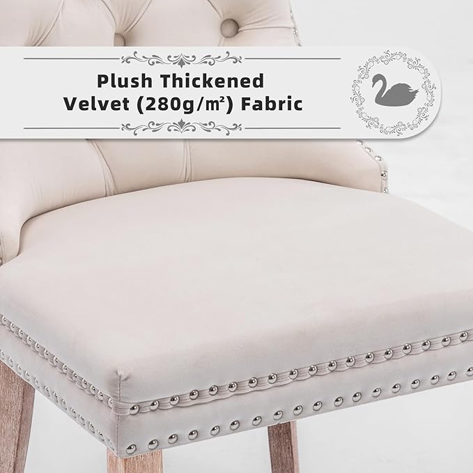 Velvet Upholstered Dining Chairs Set of 6, Modern Style Kitchen Side Chairs with Nailhead Trim and Wood Legs,Metal Pulling Ring for Dining Room Living Room(Beige,Set of 6)