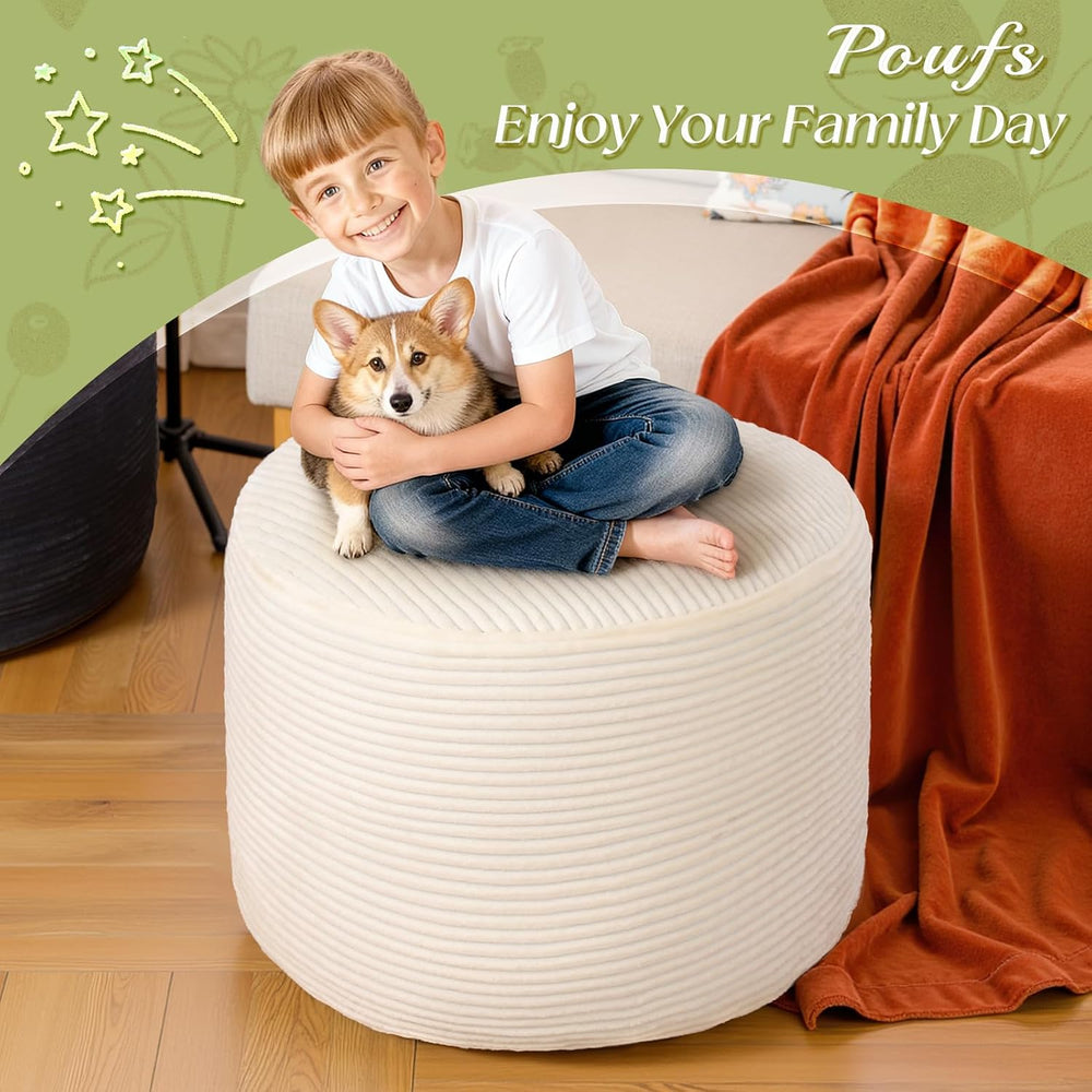 Round Corduroy Footstool Pouf for Couch | Soft plush shredded foam filled has...