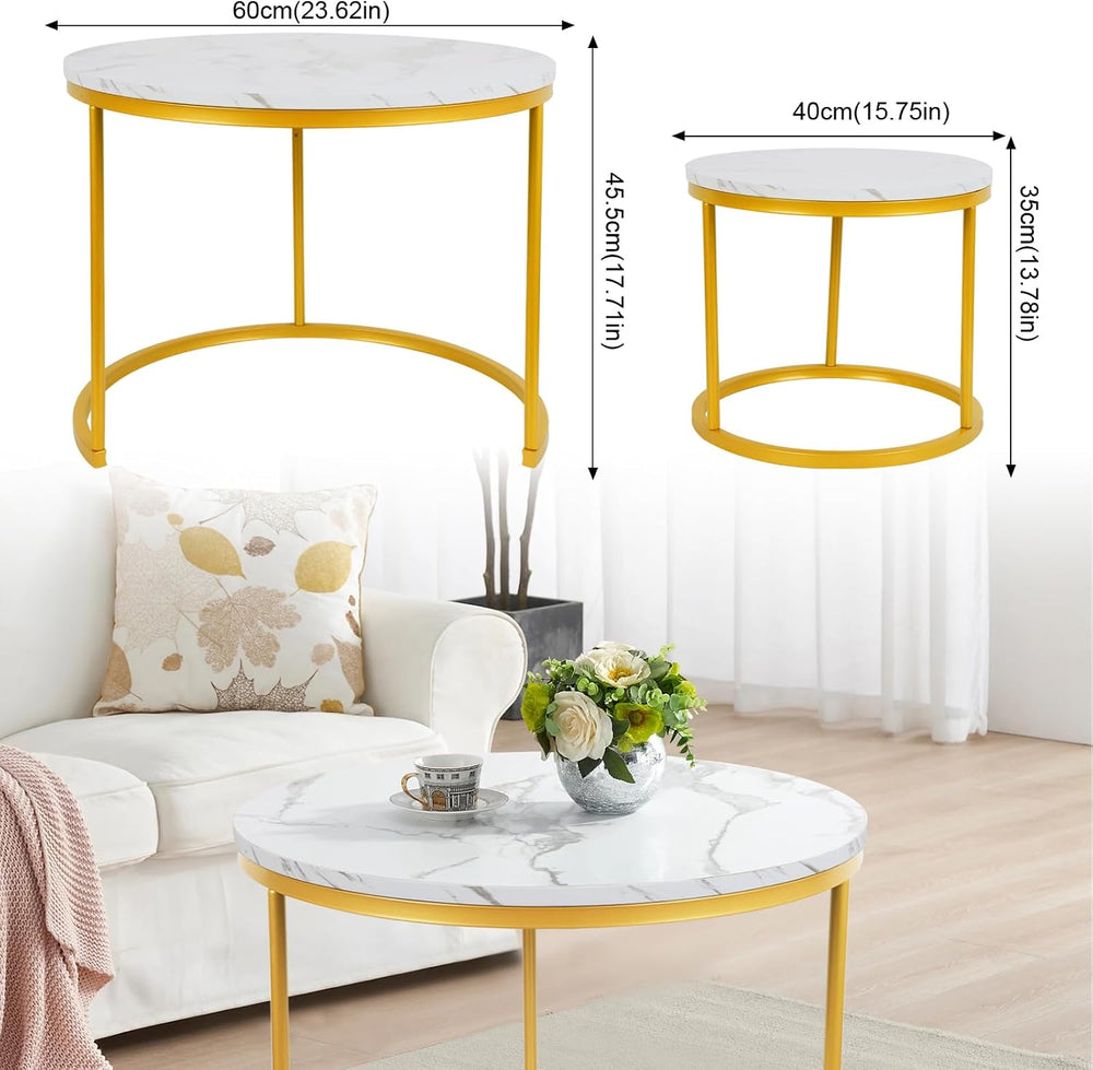 Round Nesting Coffee Tables Set: White Gold Marble Nesting Coffee Table Set o...