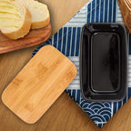 Butter Dish with Lid, Porcelain Keeper with Wood Lid Cover for Butter, Microwave Safe Easy Clean Butter Storage Container for Countertop and Refrigerator (Black 10oz)