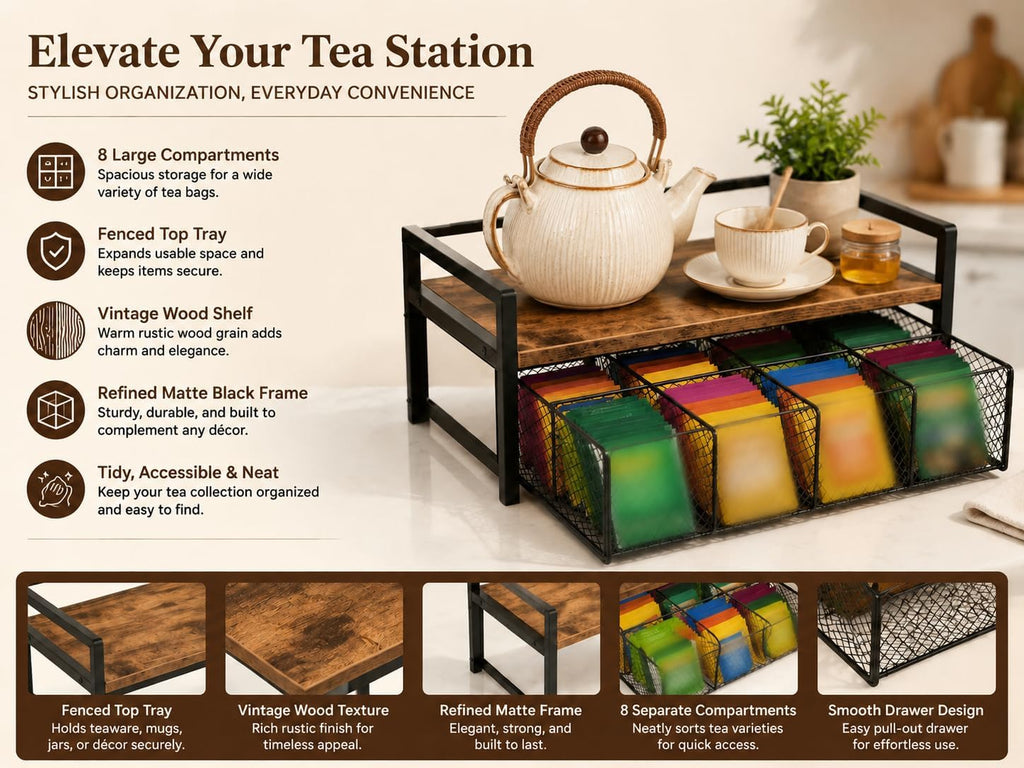 Wood & Matte Black Metal Tea Bag Organizer with Drawer, 8 Compartments Tea Storage Holder with Top Tray, Multi-Purpose Countertop Caddy for Tea Bags, Coffee Pods & Spices