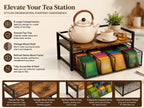 Wood & Matte Black Metal Tea Bag Organizer with Drawer, 8 Compartments Tea Storage Holder with Top Tray, Multi-Purpose Countertop Caddy for Tea Bags, Coffee Pods & Spices