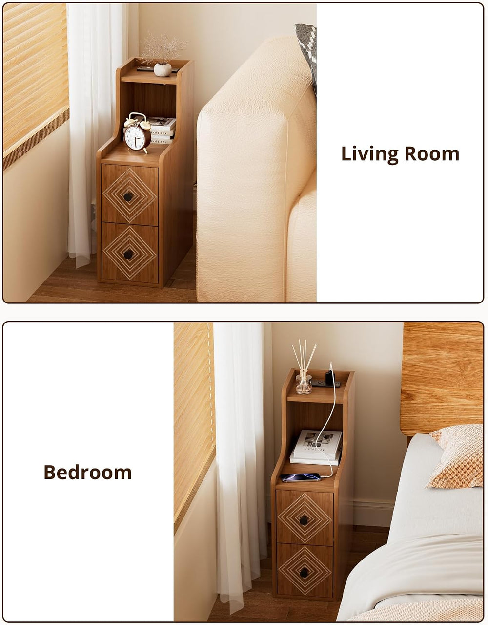 Narrow End Table Set of 2 with Charging Station, Walnut Skinny Bedside Tables...