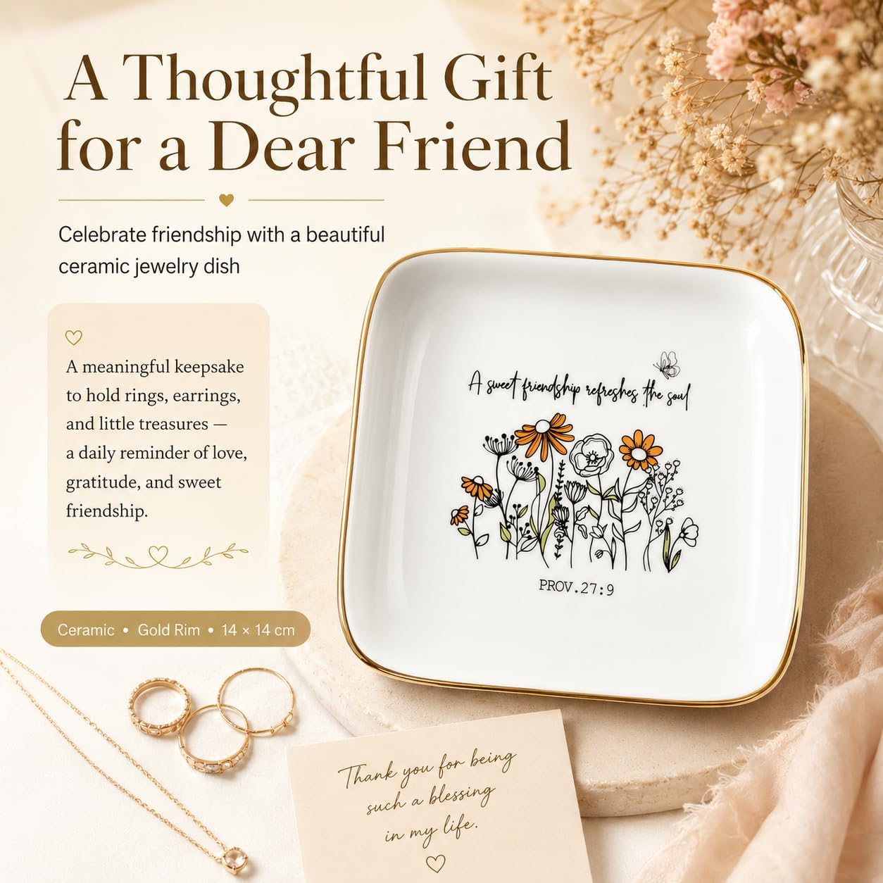 Friendship Gift for Women, Christian Bible Verse Jewelry Dish Trinket Tray-A Sweet Friendship Refreshes the Soul-Proverbs 27:9, Square Ceramic Jewelry Dish Gift for Sister BFF