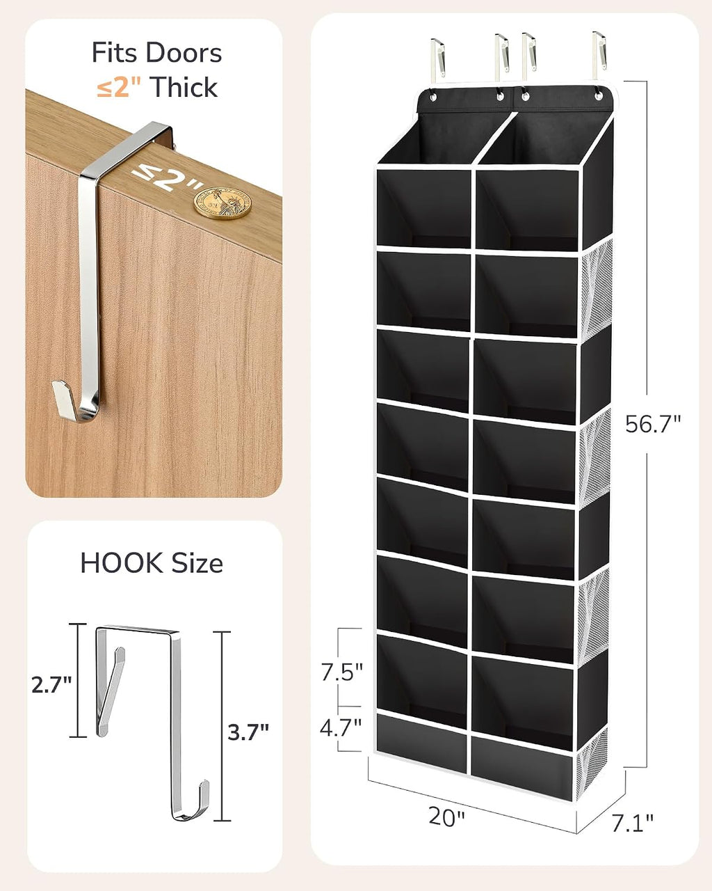 ULG Over The Door Shoe Organizer with 16 Large Pockets, Hanging Shoe Rack for Closet Door, Space Saving Shoe Storage Black