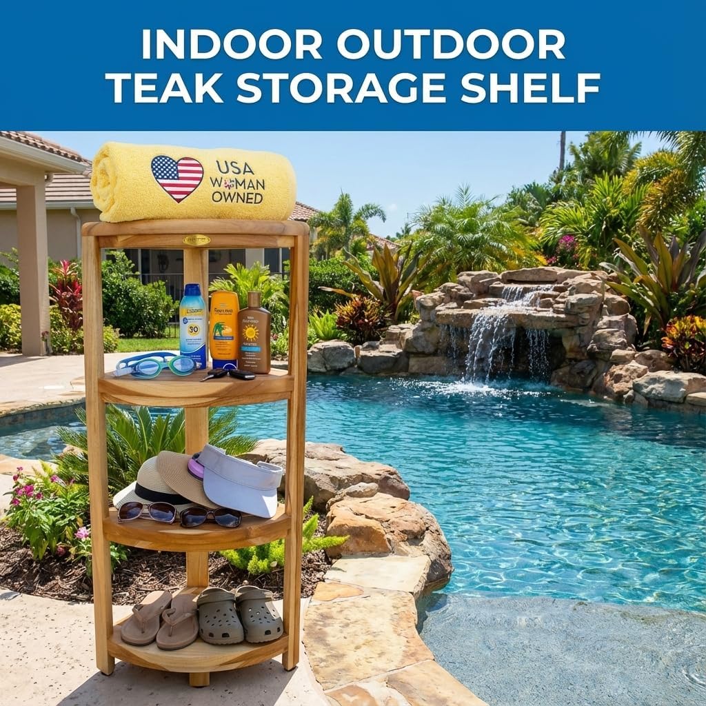 EcoDecors Corner Snazzy Corner Four Tier Natural Color Shelf Waterproof Teak Wood Shower Bench Stool Seat Chair For Inside Shower Provides Safety, Storage, and Organization For Bathroom Accessories