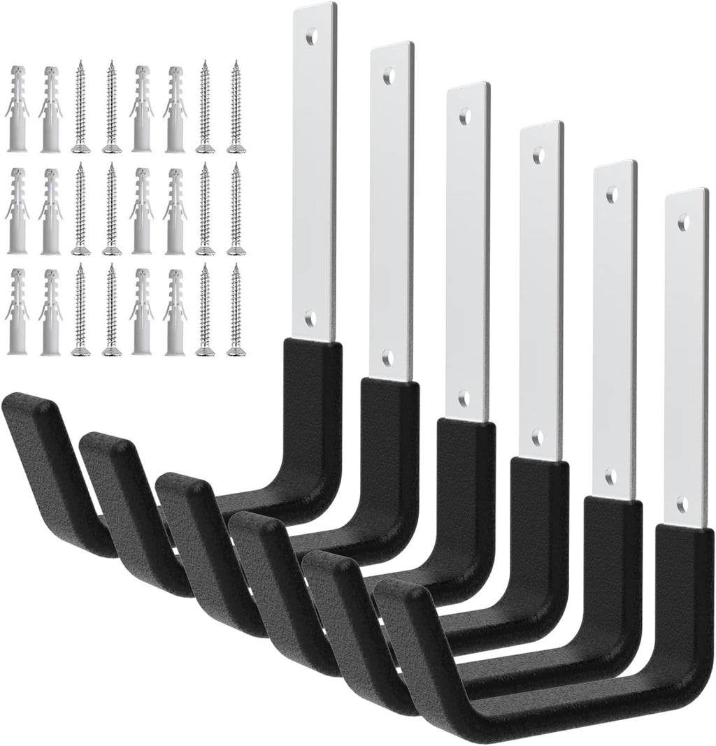 Heavy Duty Utility Hooks - Wall Mount, Hooks for Garage, Hose, Bike, Ladder, Leaf Blower Hanger (6 Medium)