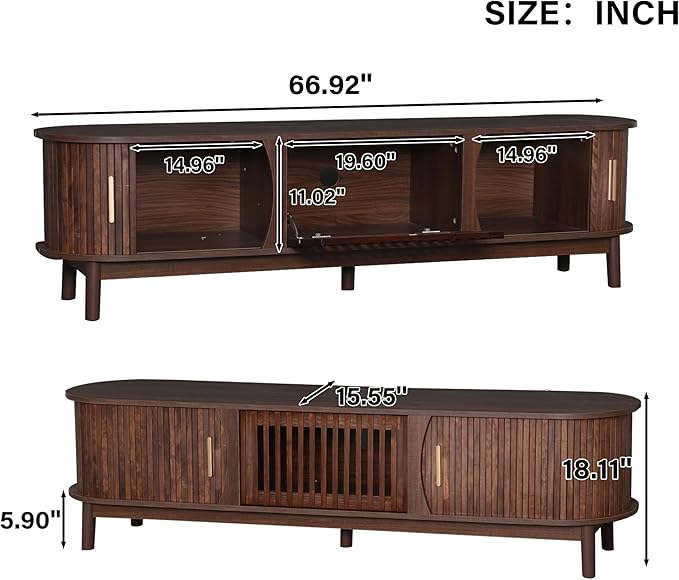 Mid Century Modern TV Stand for TVs up to 75”, Fluted Entertainment Center, Media Console with Tambour Sliding Doors and Grill Flip-Down Door, Walnut Finish Media Console for Living Room