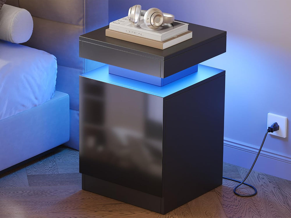 Nightstands Set 2, 15 Inches LED Night Stand Set of 2, Modern Bedside Table w...