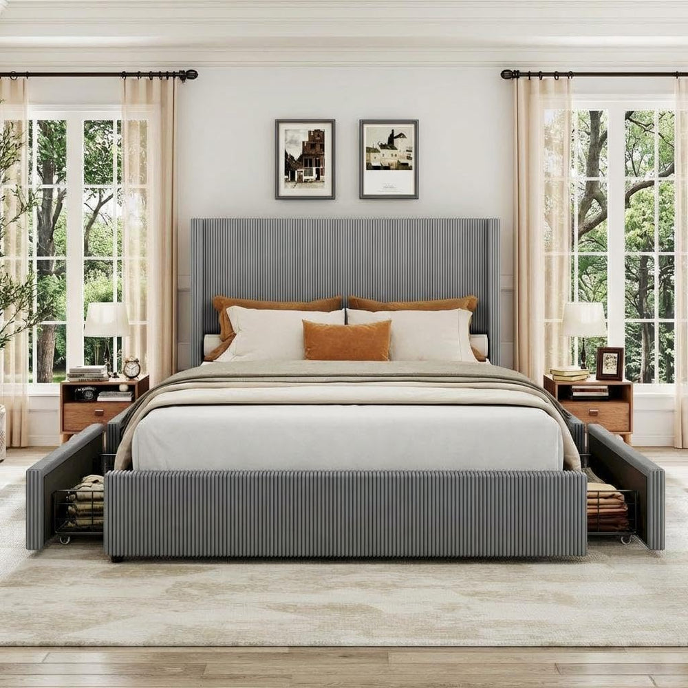 King Bed Frame with 4 Storage Drawers, Corduroy Upholstered Platform Bed
