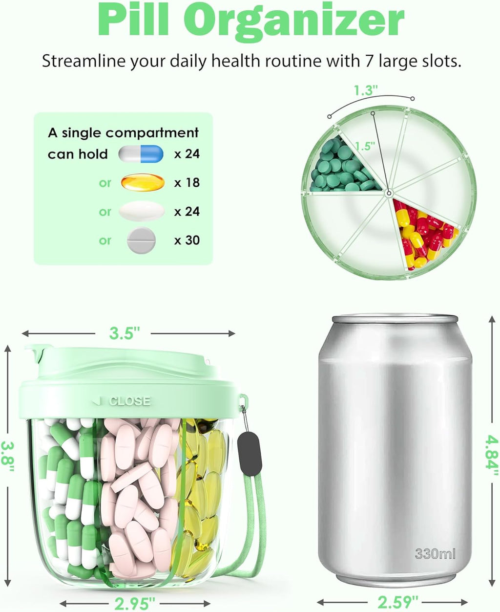 Cute Pill Organizer,Pill Dispenser with 7 Large Compartments,Portable Pill Bottle Box with Wide Opening for Easy Use, Anti-Mix Pills Organizer for Travel,Includes 20 Pcs Sticky Labels（Green）