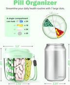 Cute Pill Organizer,Pill Dispenser with 7 Large Compartments,Portable Pill Bottle Box with Wide Opening for Easy Use, Anti-Mix Pills Organizer for Travel,Includes 20 Pcs Sticky Labels（Green）