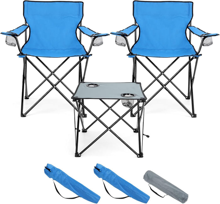 HaSteeL Folding Camping Chair Set of 3, Foldable Blue Camp Chairs & Grey Table, Large Lawn Chair Portable for Adults Hiking, Fishing, Picnic, Outdoor BBQ, Travel, Sports, Cup Holders & Storage Bags