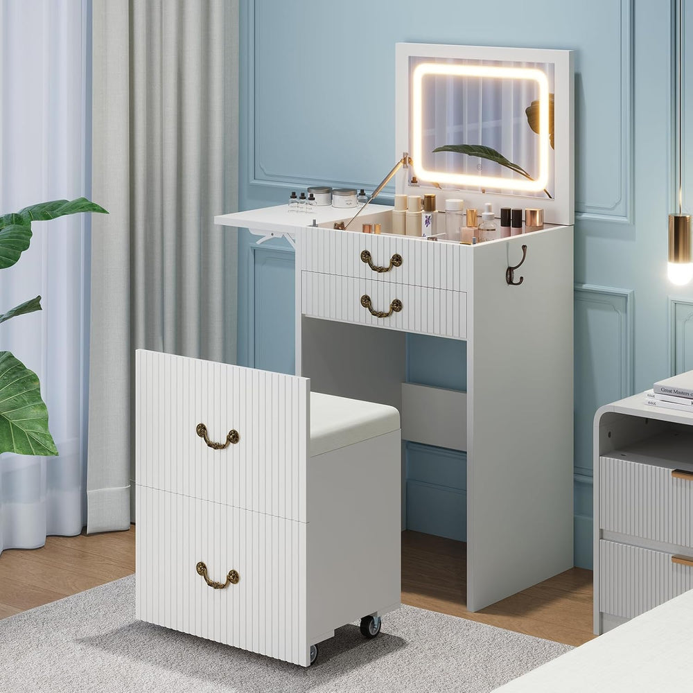 FURSUN 3-in-1 Vanity with Flip Mirror & Lights, Fluted Compact Vanity Tab...