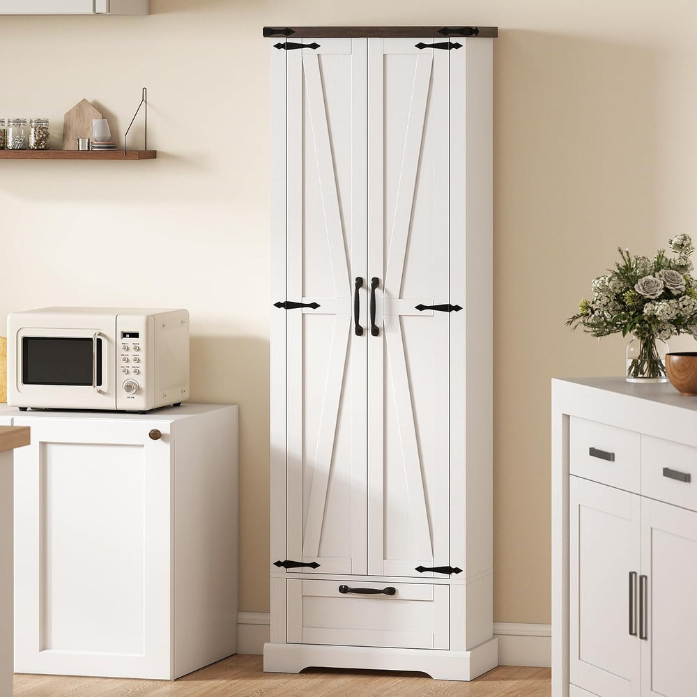 HOMCOM 71" Tall Kitchen Pantry Storage Cabinet Barn Doors Drawer White |...