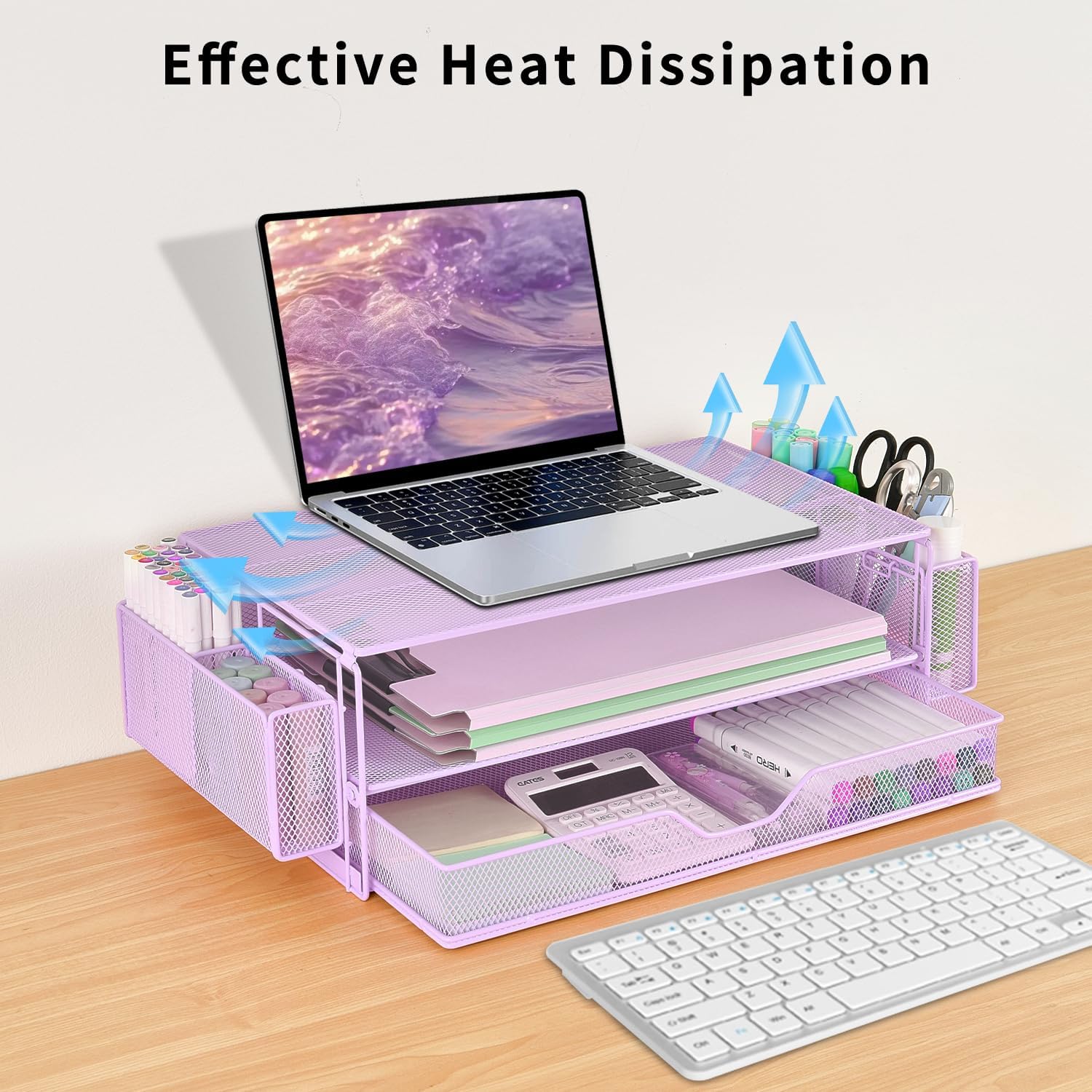 AUPSEN Computer Monitor Stands Riser，2-Tier Desk Organizers and Accessories, Office Desk Accessories Organizer with Drawers and 2 Pen Holder for Office Supplies (Purple)