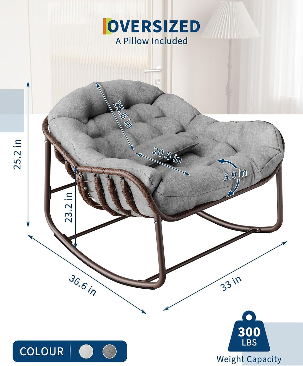 Oversized Papasan Rocking Lounge Chair with Neck Pillow, Hand Woven Rattan Ro...