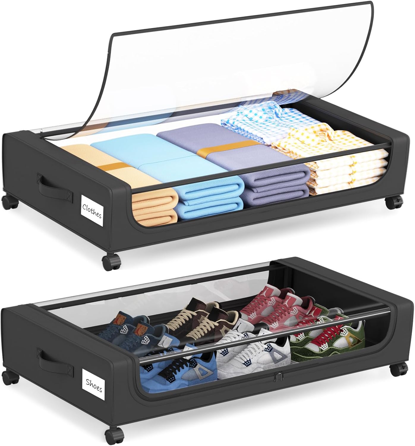 Large Under Bed Storage with Wheels, Under Bed Storage Containers, Under Bed Shoe Storage Organizer, Rolling Underbed Storage Containers for Bedroom Clothes Shoes Blankets, 2 Pack, Black