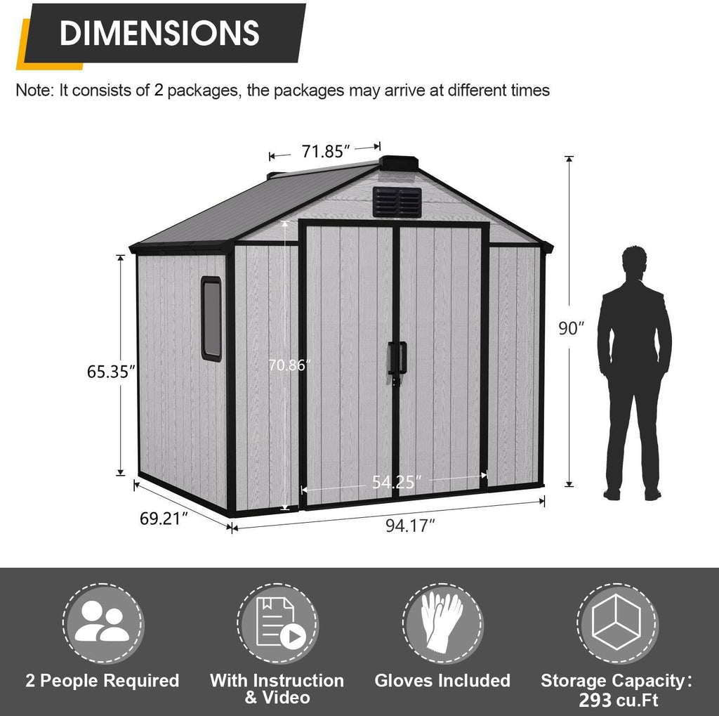 8 x 6 FT All-Weather Plastic Garden Shed, Resin Outdoor Storage Shed with Floor, Lockable Doors & Windows, Plastic Tool Shed for Poolside, Backyard, Patio