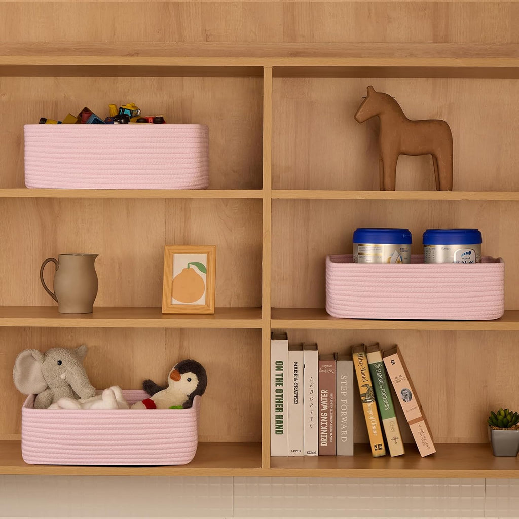 Large Shallow Organizing Baskets 15x11x5.1 Inches - Rope Woven Storage Bins for Bathroom, Shelves, Cube Closet, Light Pink 3 Packs