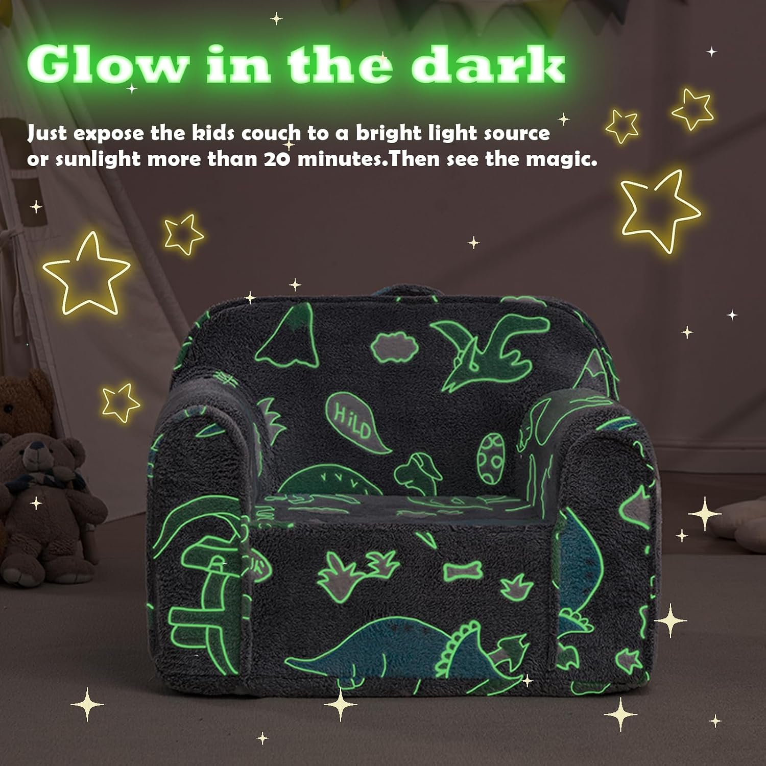 Toddler Chair,Kids Armchair,Kids Foam Chair,Toddler Couch,Glow Dino | Comfy kids armchair,toddler reading chair,kids foam chair,glow-in-the-dark dino,removable cover, no assembly