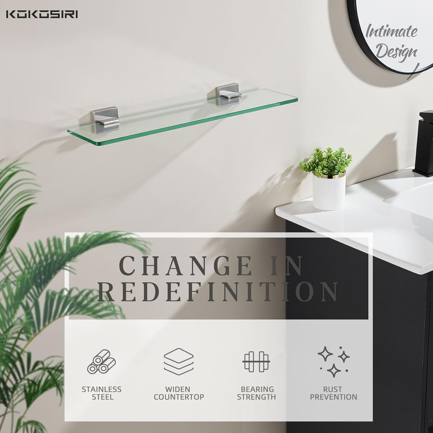 KOKOSIRI Wall Shelves Floating Bathroom Glass Shelf for Kitchen Storage, 20'' x 5.6'' Tempered Glass Wall Mounted Brushed Stainless Steel, 2 Pack B1106BR-L20-P2
