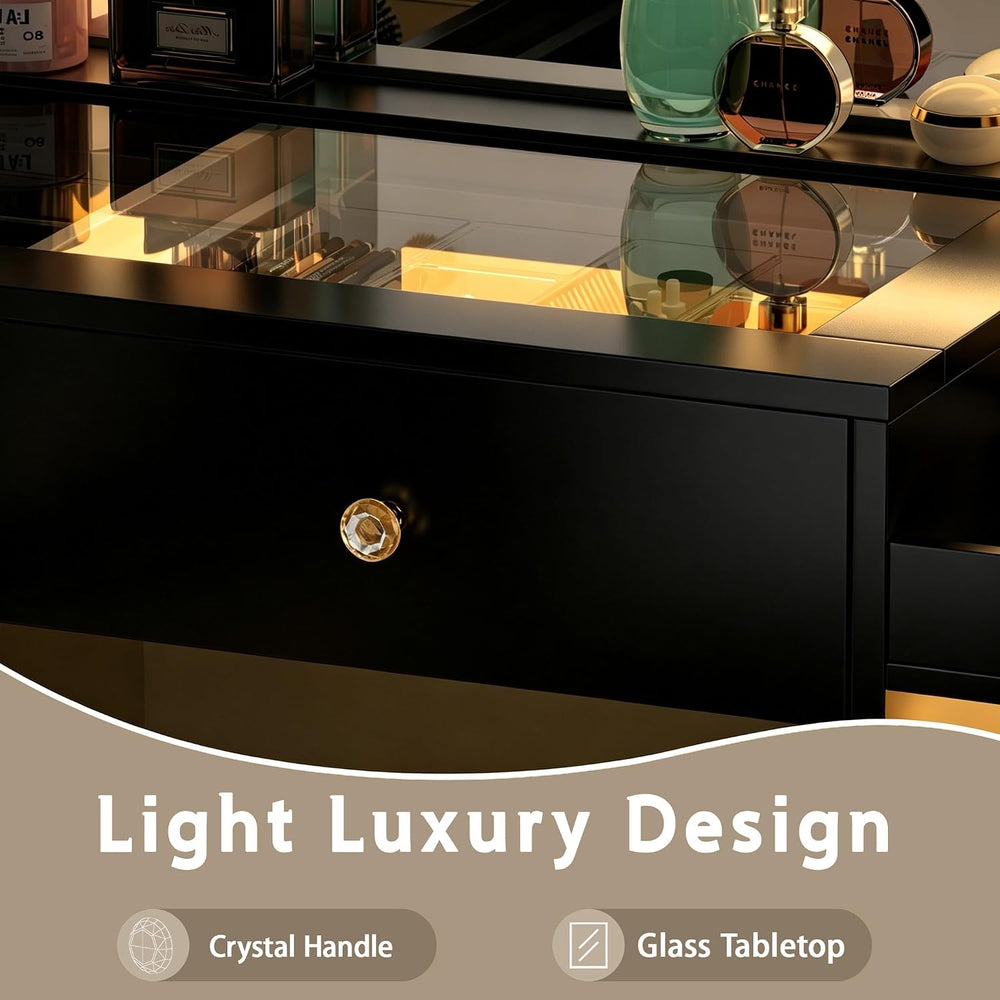 wanan 62" Large Black Vanity Desk with Glass Top, Makeup Vanity with Mir...
