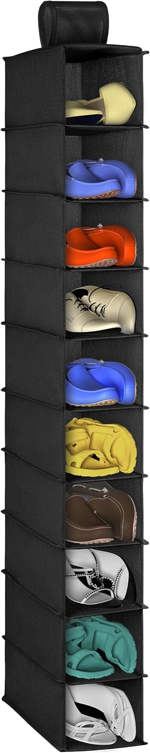 Libeder 10-Shelf Hanging Closet Shoe Organizers and Storage, Black | Hanging Closet Organizer for Wardrode,Dorm, Folding Shoe Racks Hanger, Space Saving Hanging Shelves