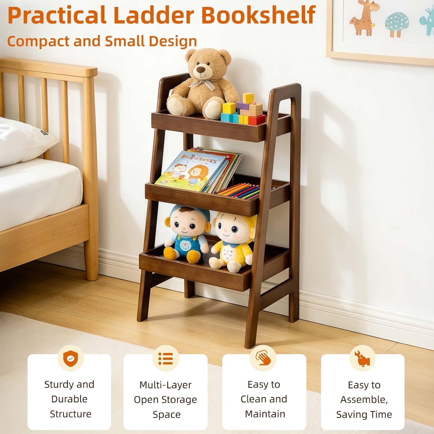 3 Tier Wooden Ladder Shelf, Small Leaning Bookshelf with Open Storage & Raised Guard Rail, Freestanding Display Shelf for Bedroom Living Room Apartment Balcony Small Spaces