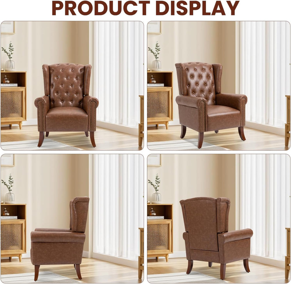 Faux Leather Accent Chair, Mid-Century Armchair Upholstered Club Sofa Chair w...