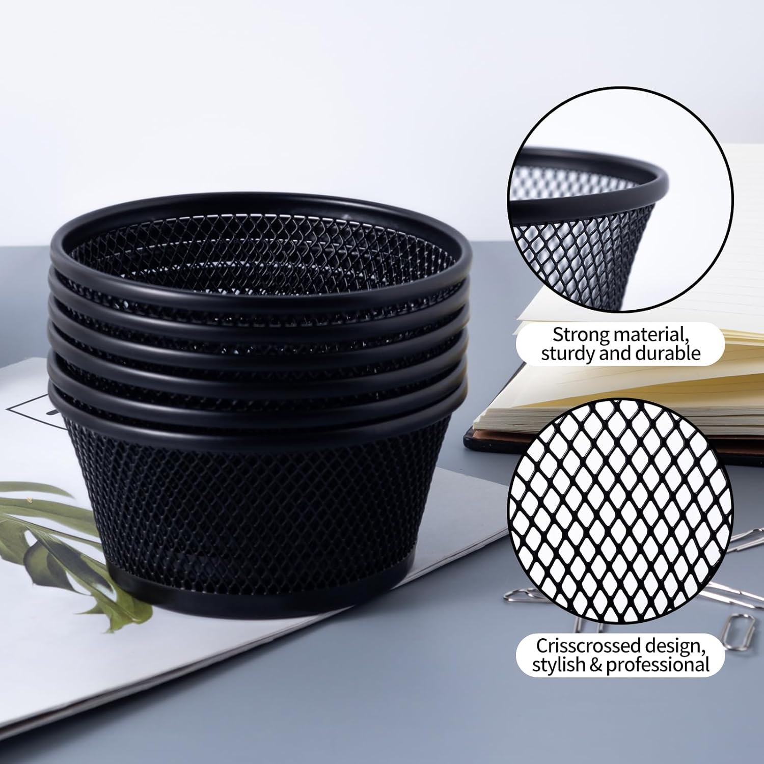 SLSON 6Pack Paper Clip Holder Wire Mesh Paperclip Dish Holders Desktop Round Paper Clip Dispenser for Desk Office Organizer Accessories,Black